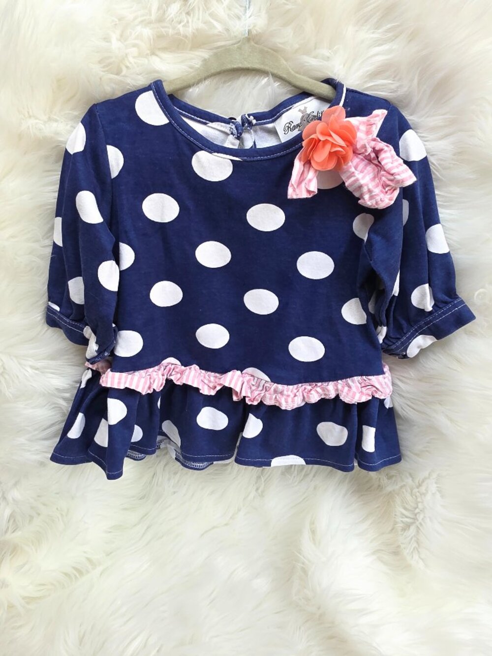 Rare Editions Baby Girl Polka Dot Ruffle Top 18M Navy Pink Flower